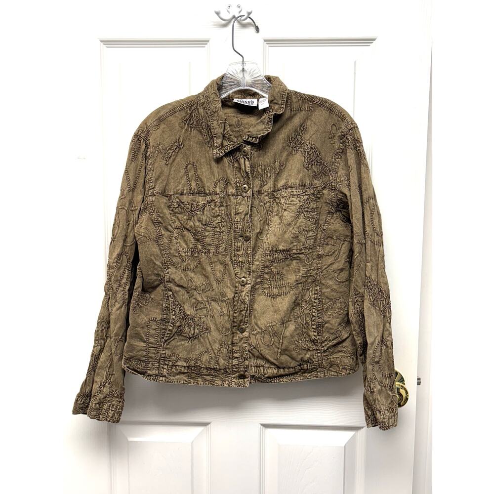 Chico’s Design Jacket Embroidered Cotton Size S Stonewashed Brown Boho